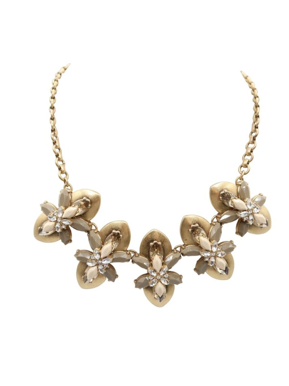 J CREW Goldtone Chunky Statement Necklace w/ Clear Grey & Cream Rhinestones